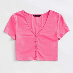 SHEIN crop top button up pink short sleeve summer
